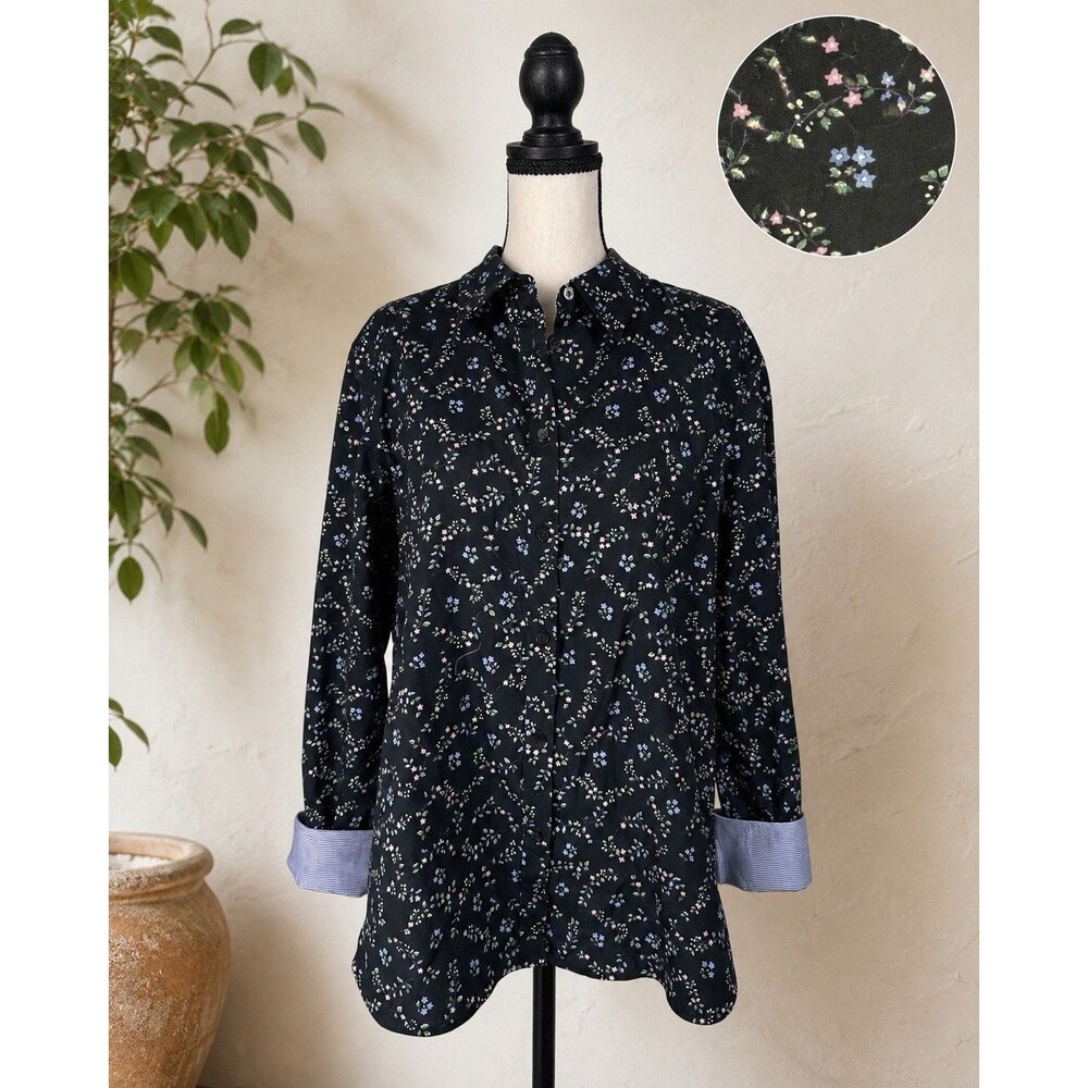 Chaps NWT Black Ditsy Floral No Iron Cotton Button Front Shirt XXL Top Blouse